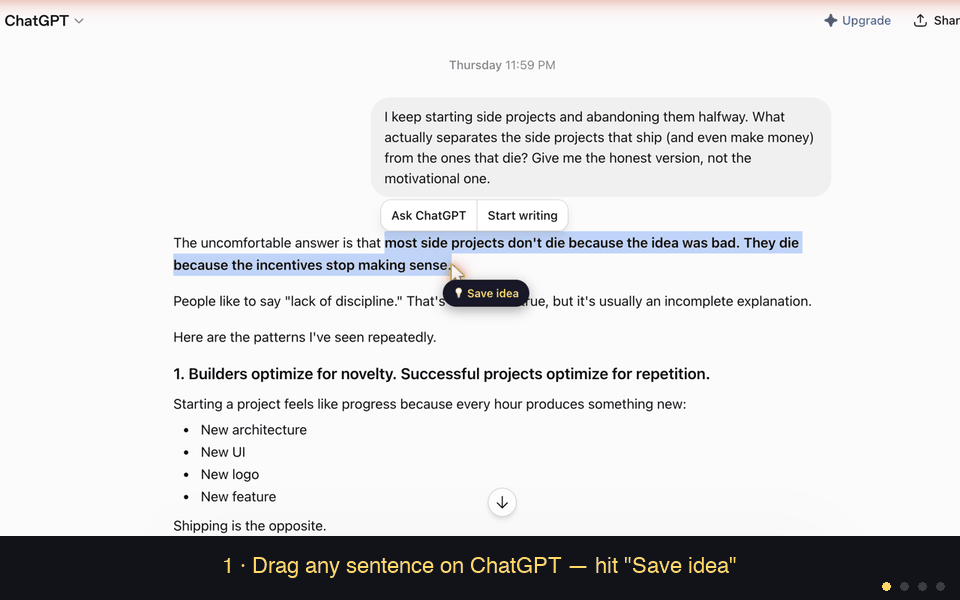 JumpBack demo: drag a sentence on ChatGPT, save it, and jump back to the exact spot later